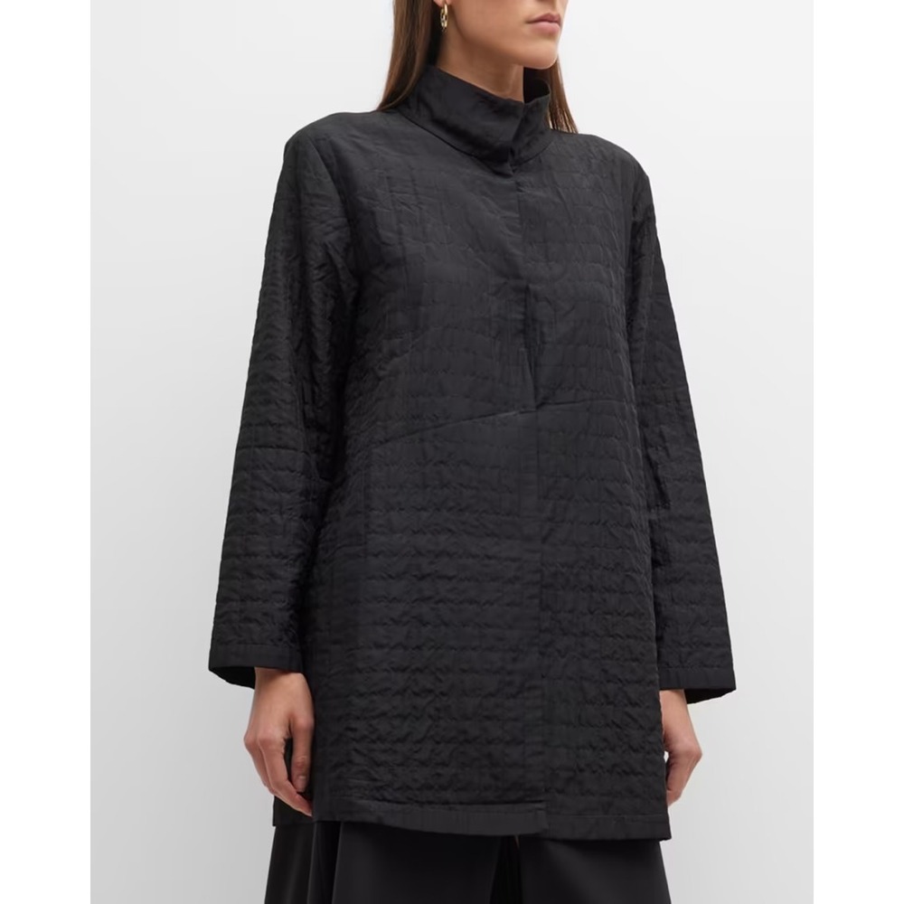 Eileen Fisher Silk Stand Collar Quilted Snap Front Jacket Black Womens 1X